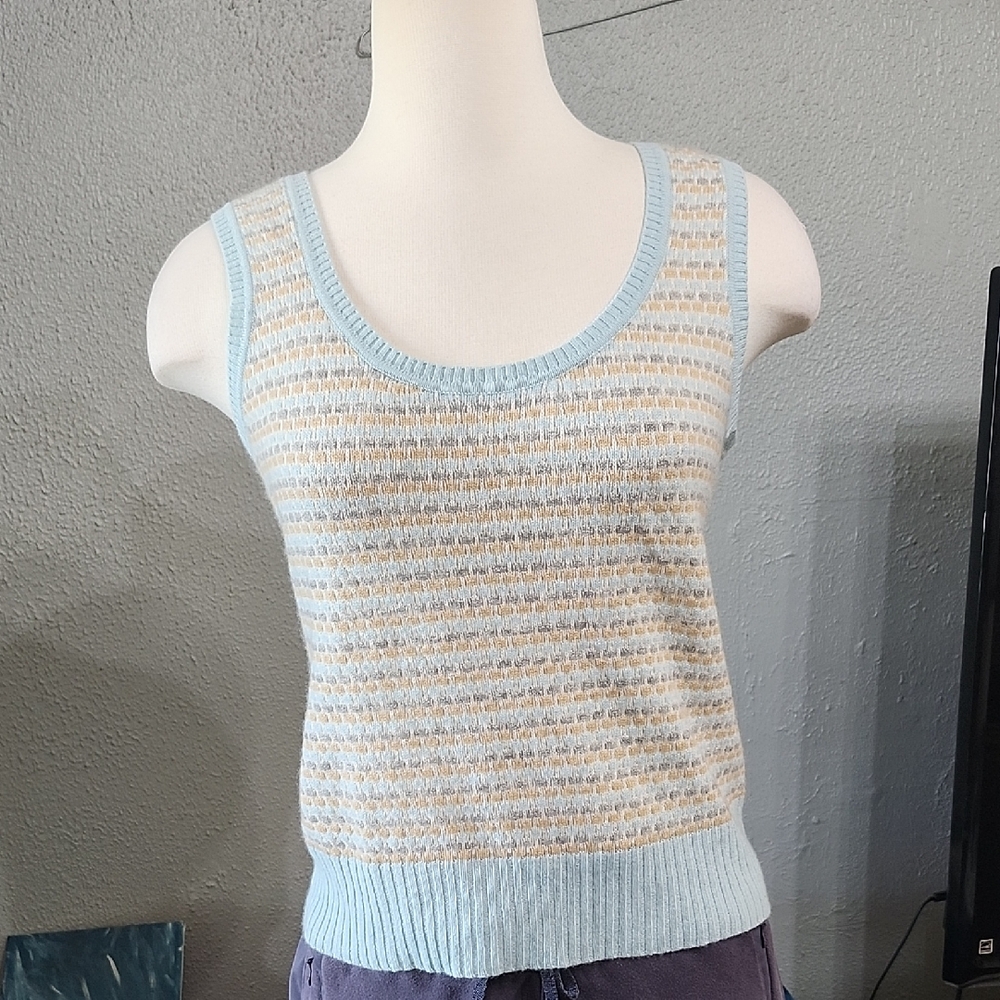 Juicy Couture 100% Cashmere Sweater Vest Ribbed Cream,Blue, Tan Knit Sleeveless